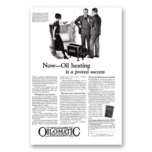 1925 Williams Oil-O-Matic Oil Heating Proved Success Vintage Magazine Print Ad