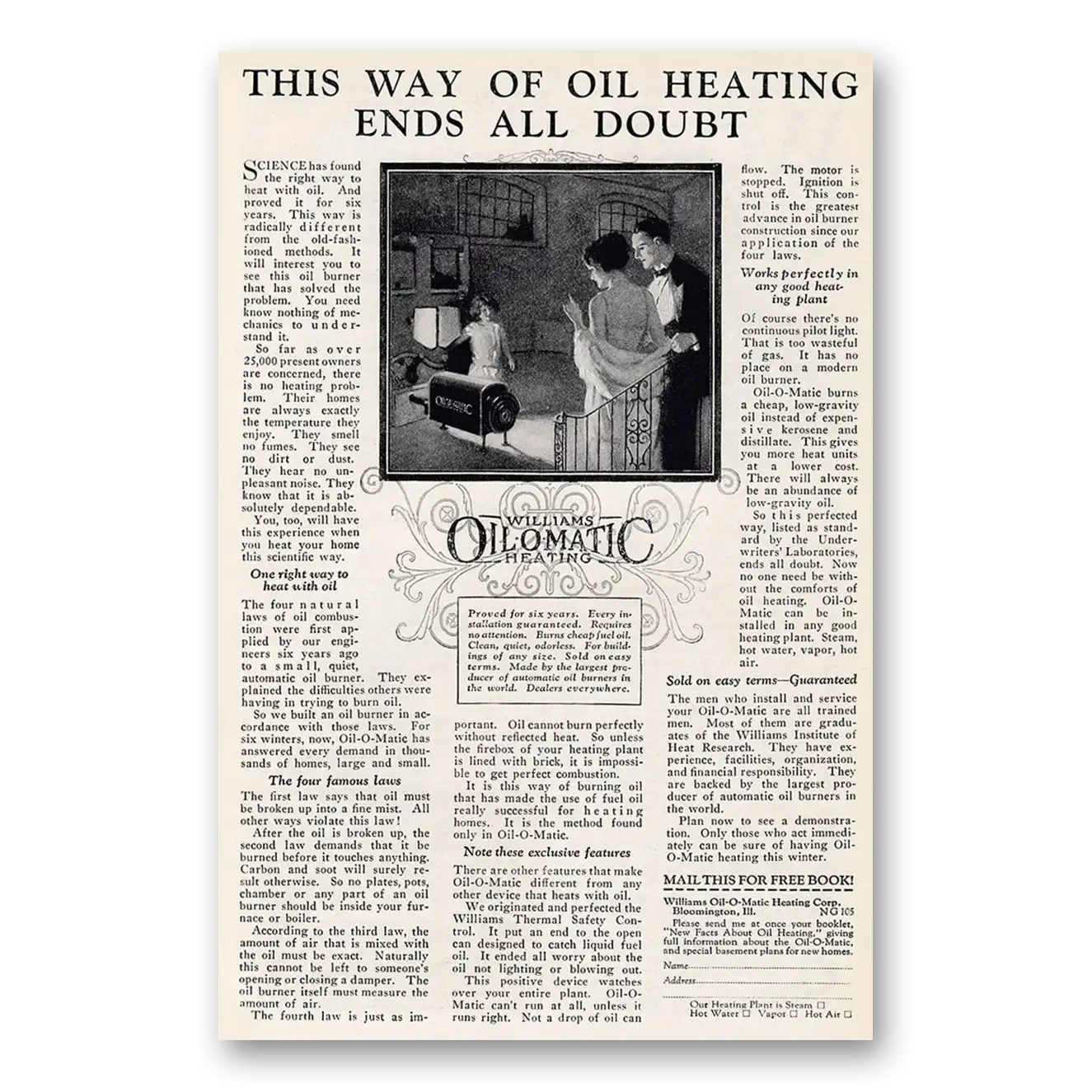 1925 Williams Oil-O-Matic Way of Oil Heating Vintage Magazine Print Ad