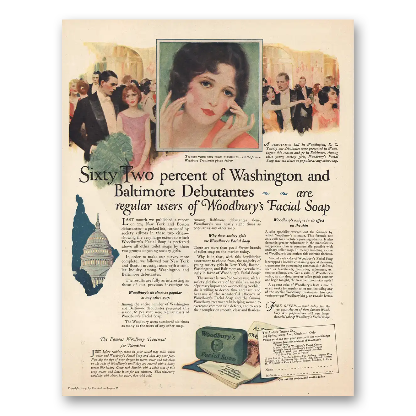 1925 Woodbury Facial Soap Sixty Two Percent of Washington and Baltimore Debutantes Vintage Magazine Print Ad