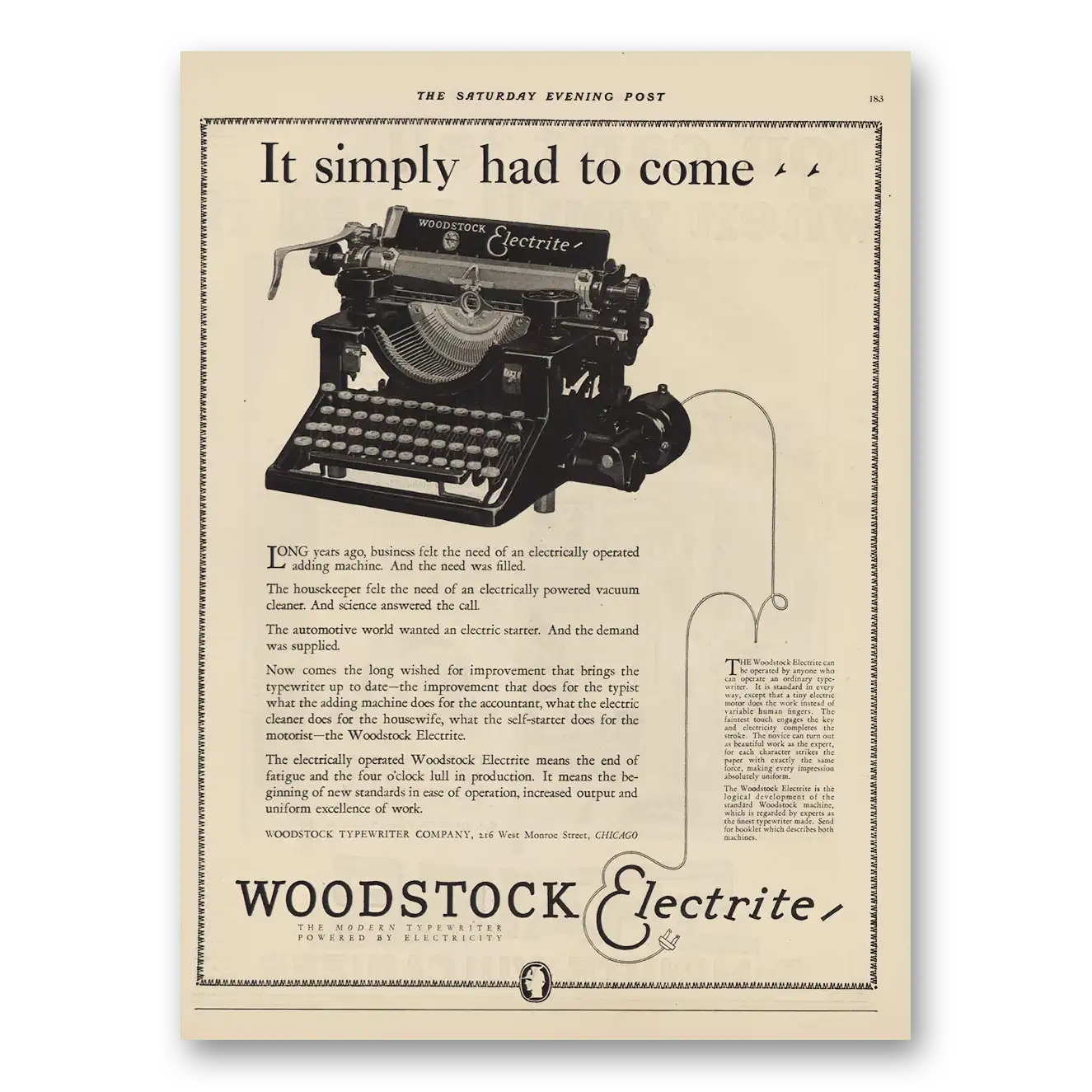 1925 Woodstock Typewriter Simply Had To Come Vintage Magazine Print Ad