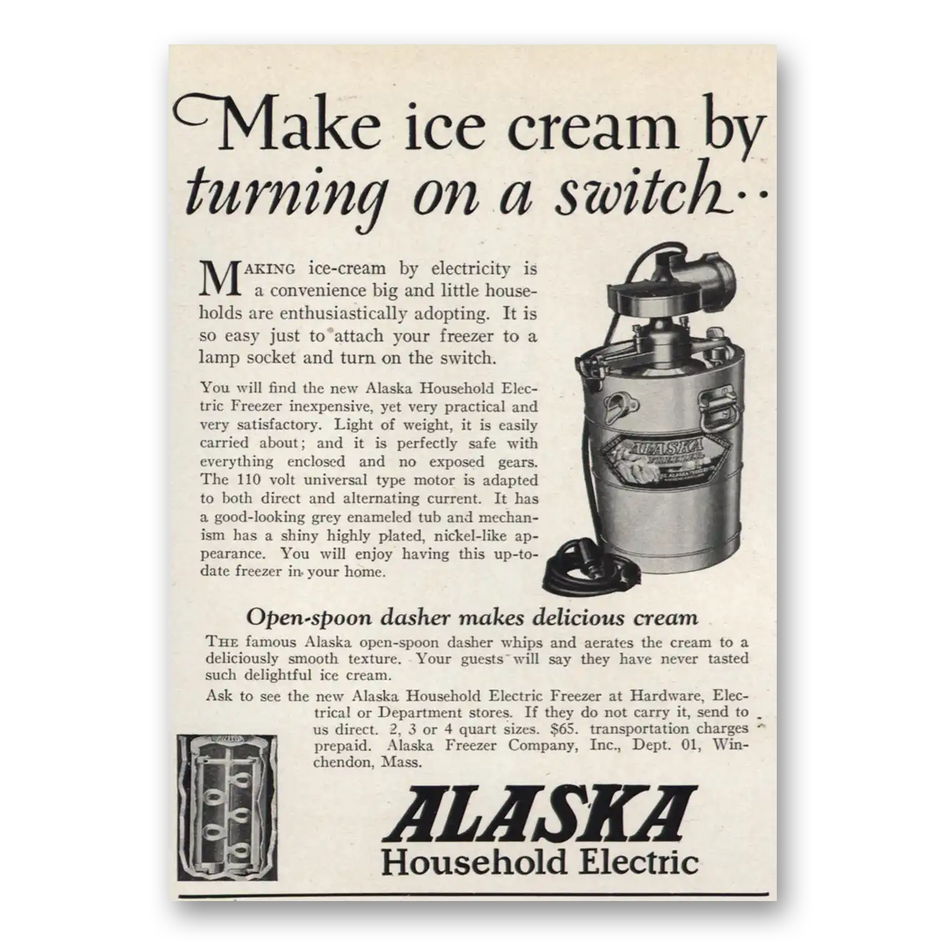 1926 Alaska Household Electric Freezer Make Ice Cream By Turning On a Switch Vintage Magazine Print Ad