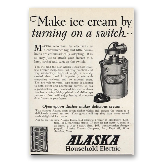 1926 Alaska Household Electric Freezer Make Ice Cream By Turning On a Switch Vintage Magazine Print Ad