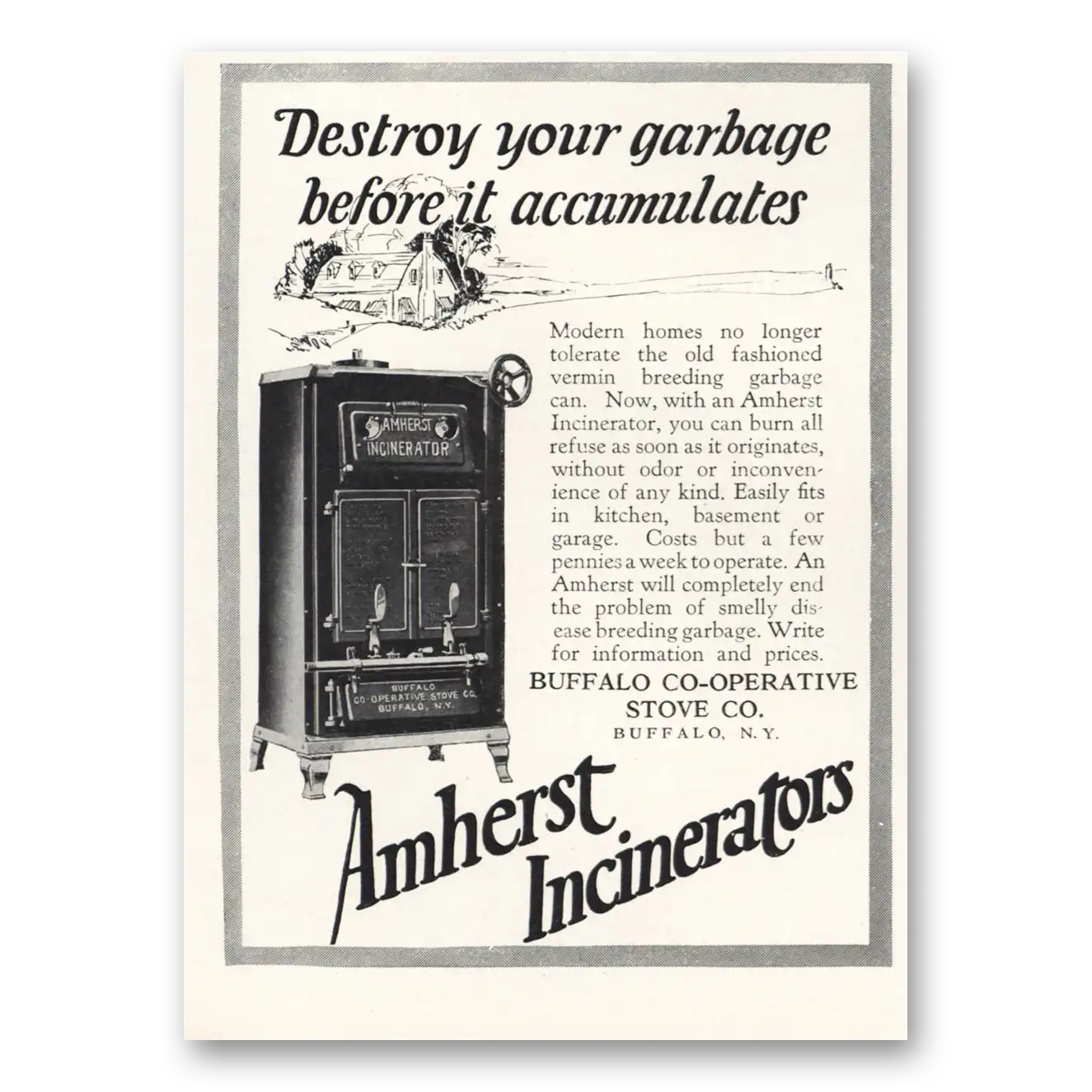 1926 Amherst Incinerators Destroy Your Garbage Vintage Magazine Print Ad