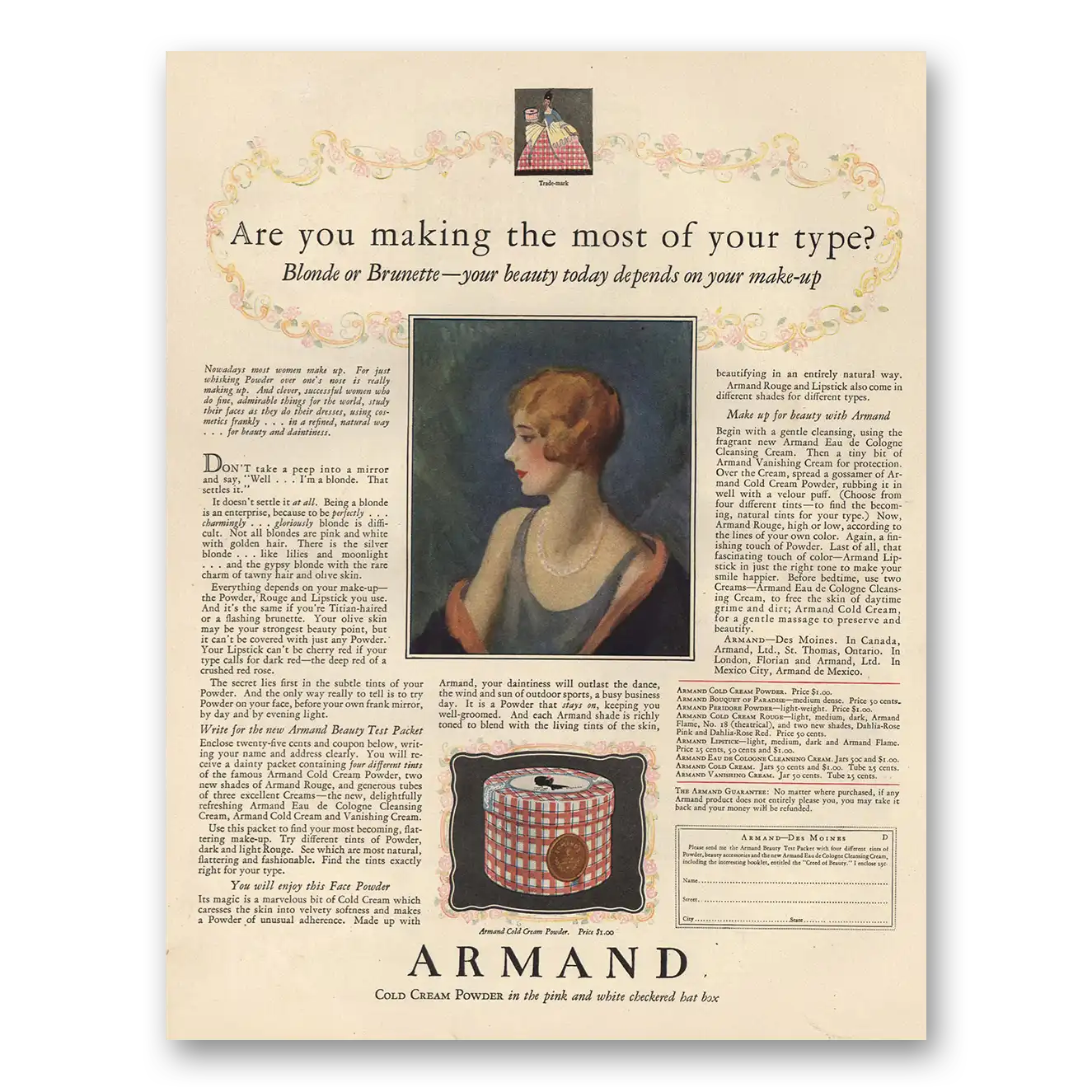 1926 Armand Beauty Aids Making the Most of Your Type Vintage Magazine Print Ad