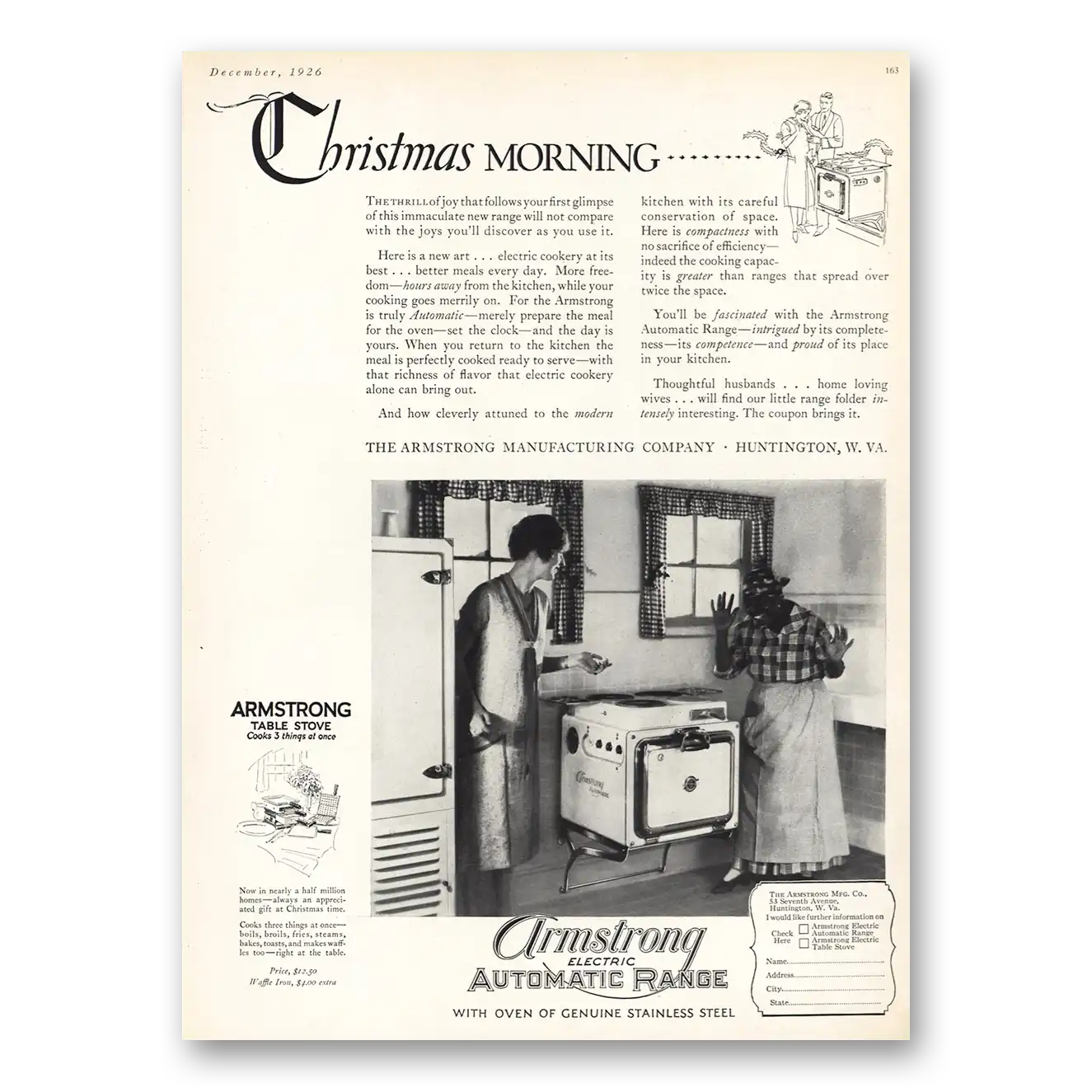 1926 Armstrong Electric Automatic Range Christmas Morning Vintage Magazine Print Ad