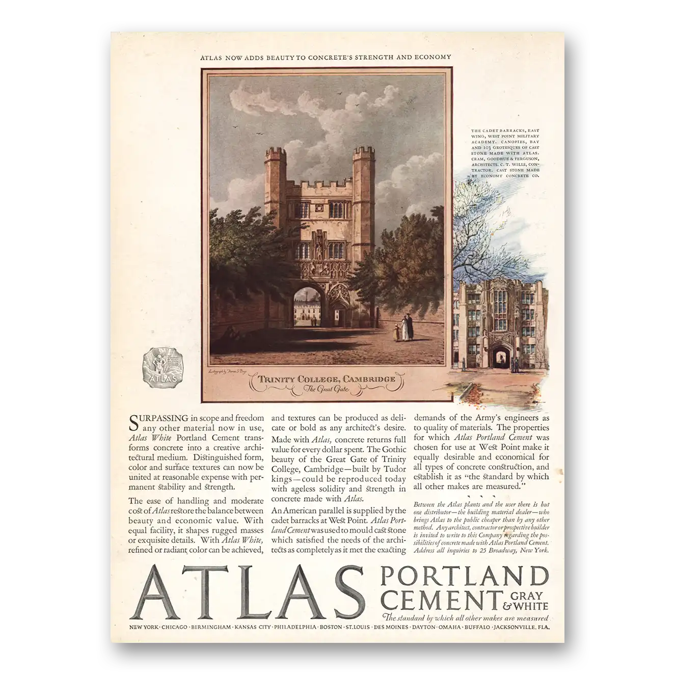 1926 Atlas Portland Cement Trinity College Cambridge Vintage Magazine Print Ad