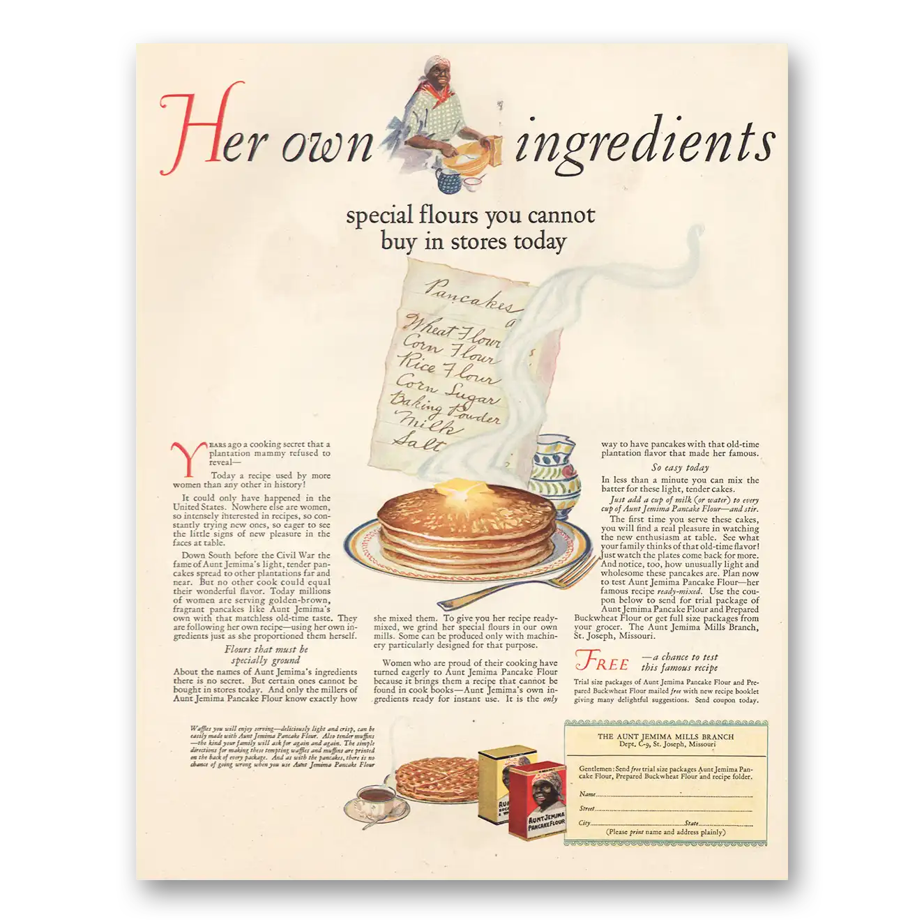 1926 Aunt Jemima Her Own Ingredients Vintage Magazine Print Ad