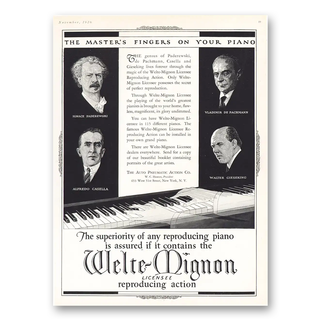 1926 Welte Mignon Reproducing Piano Masters Fingers On Your Piano Welte Mignon Vintage Magazine Print Ad