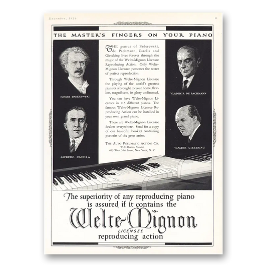 1926 Welte Mignon Reproducing Piano Masters Fingers On Your Piano Welte Mignon Vintage Magazine Print Ad