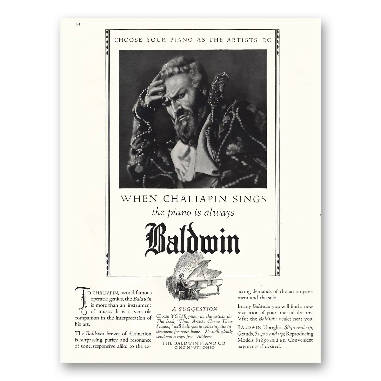 1926 Baldwin Piano When Chaliapin Sings Vintage Magazine Print Ad