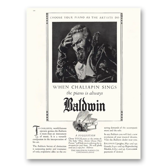 1926 Baldwin Piano When Chaliapin Sings Vintage Magazine Print Ad