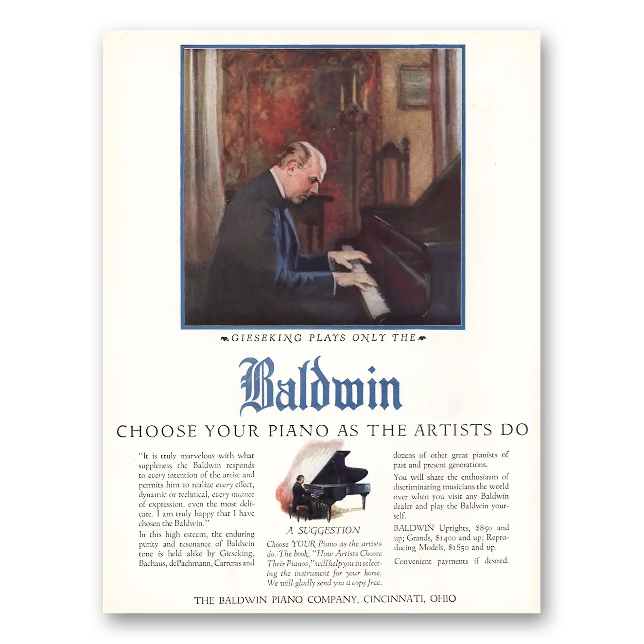 1926 Baldwin Piano Gieseking Choose Your Piano As the Artists Do Vintage Magazine Print Ad