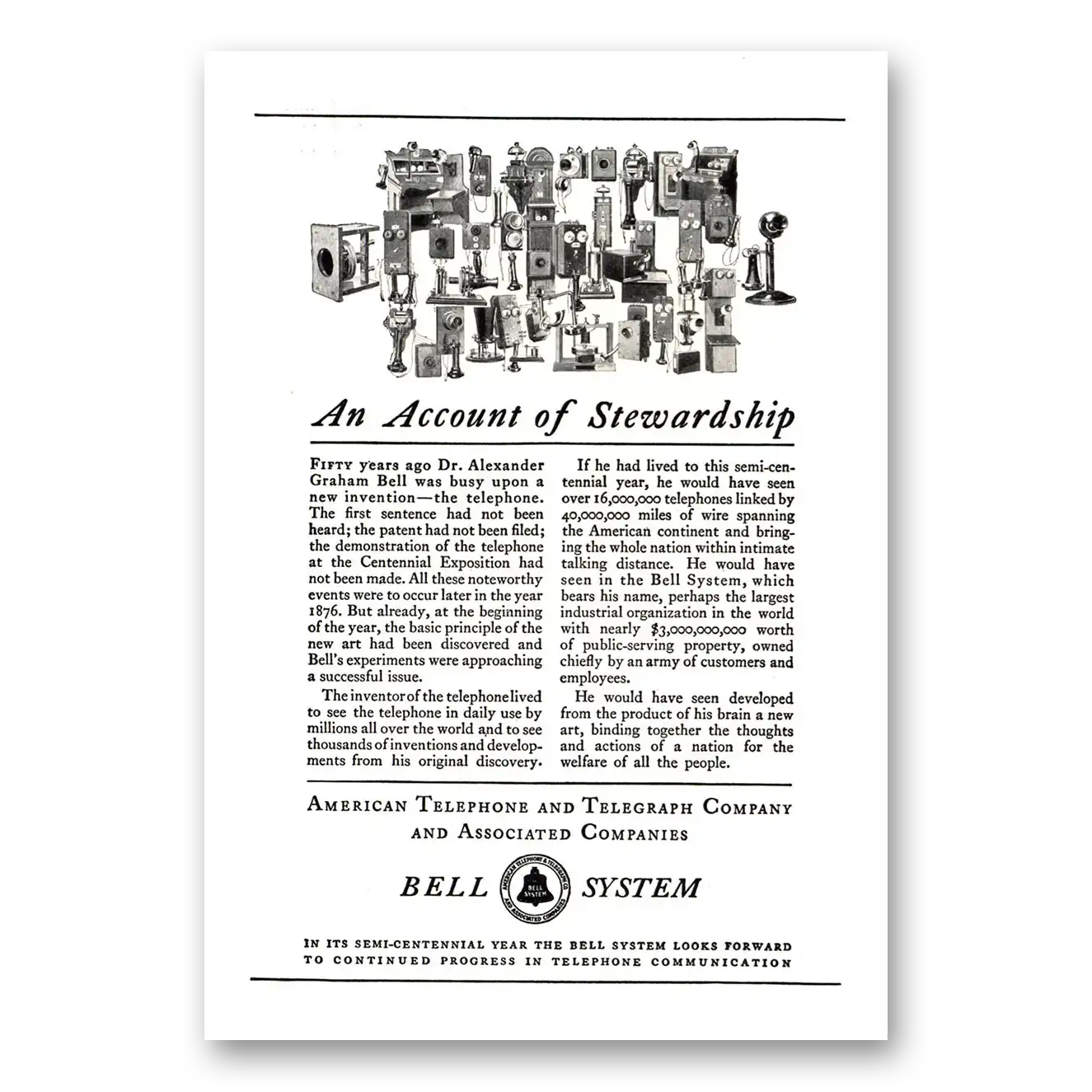 1926 American Telephone Account of Stewardship Vintage Magazine Print Ad