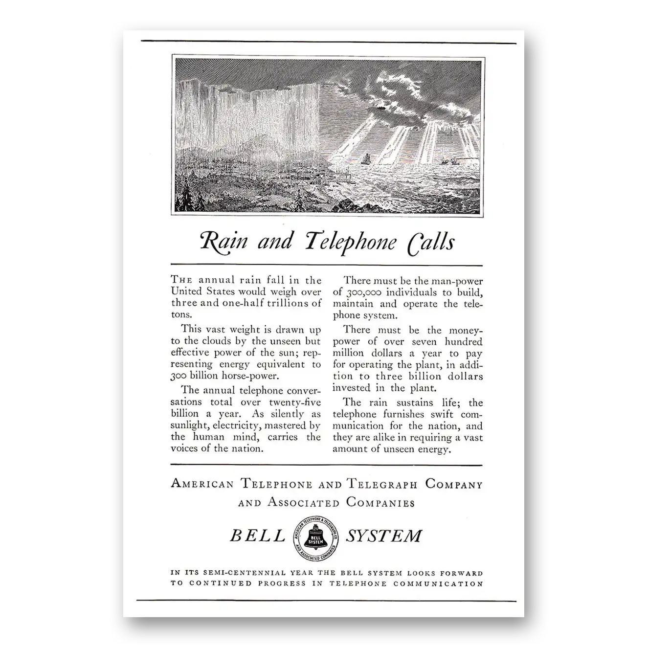 1926 American Telephone Rain and Telephone Calls Vintage Magazine Print Ad