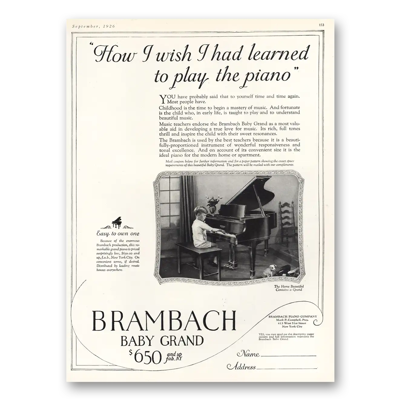 1926 Brambach Baby Grand Piano I Wish I Had Learned to Play the Piano Vintage Magazine Print Ad