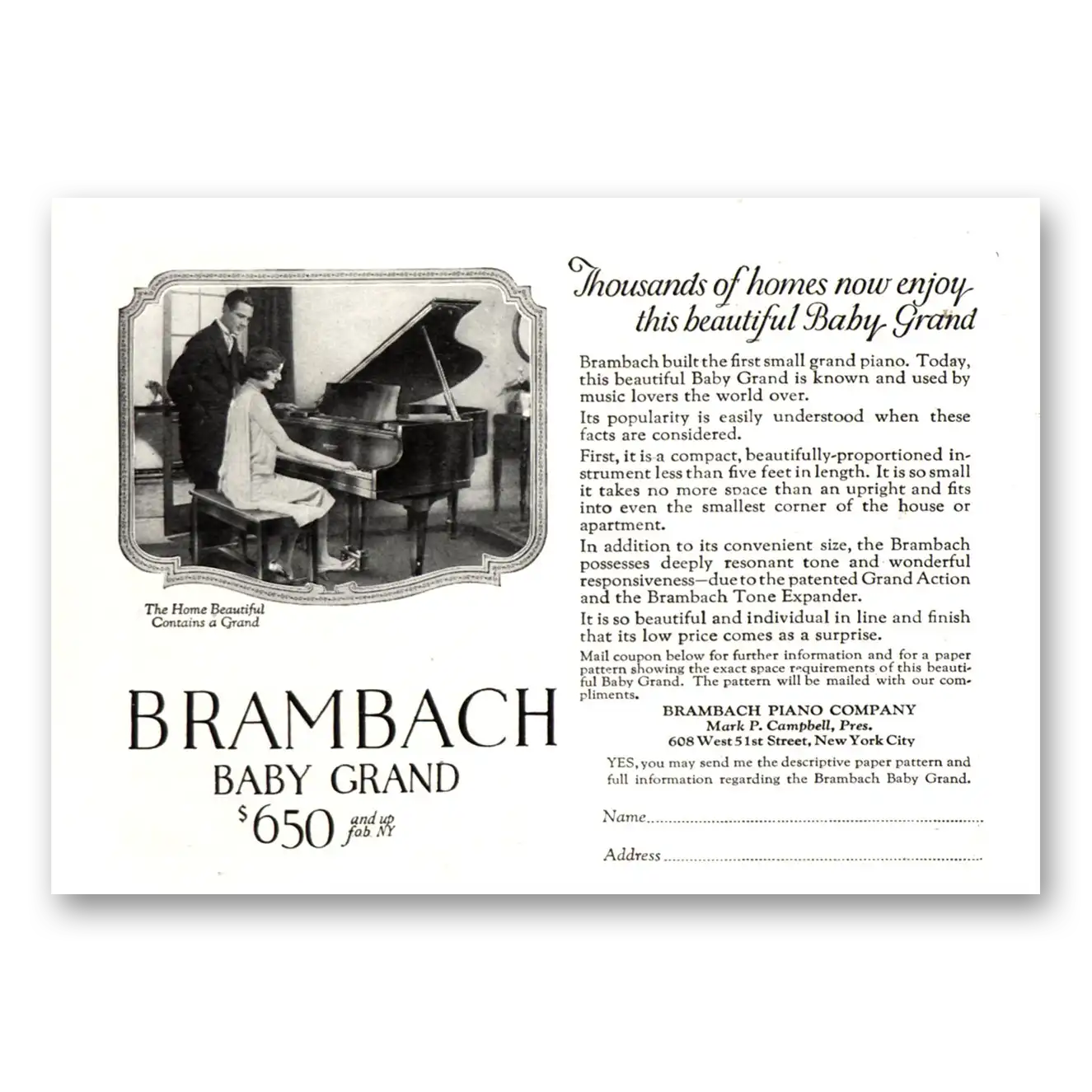 1926 Brambach Baby Grand Piano Thousands of Homes Now Enjoy Vintage Magazine Print Ad