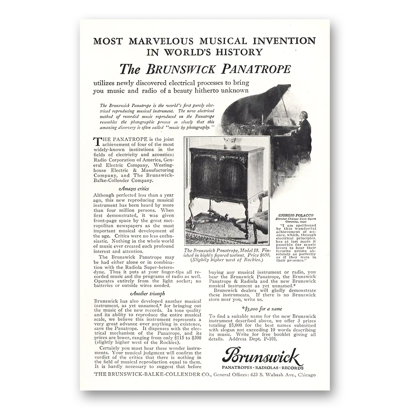 1926 Brunswick Panatrope Marvelous Musical Invention Vintage Magazine Print Ad