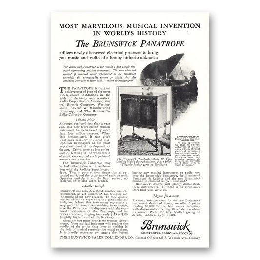 1926 Brunswick Panatrope Marvelous Musical Invention Vintage Magazine Print Ad