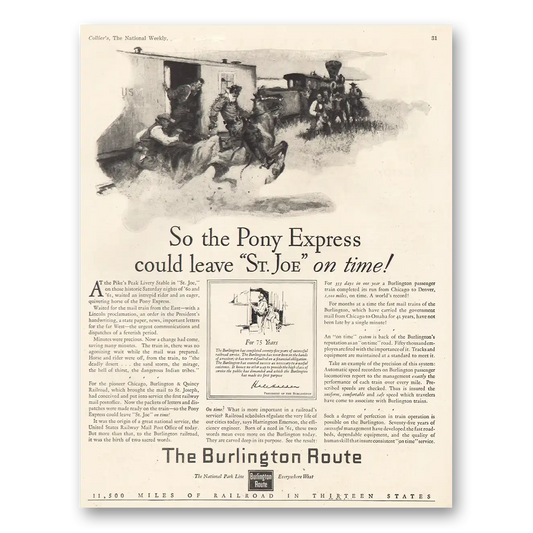 1926 Burlington Route Pony Express St Joe Vintage Magazine Print Ad