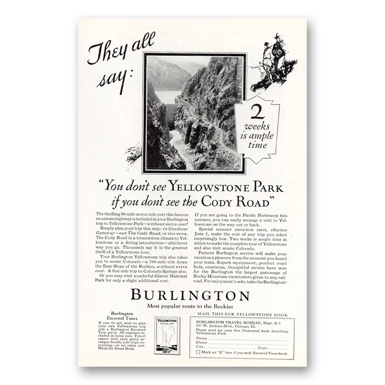 1926 Burlington Route They All Say Yellowstone Vintage Magazine Print Ad