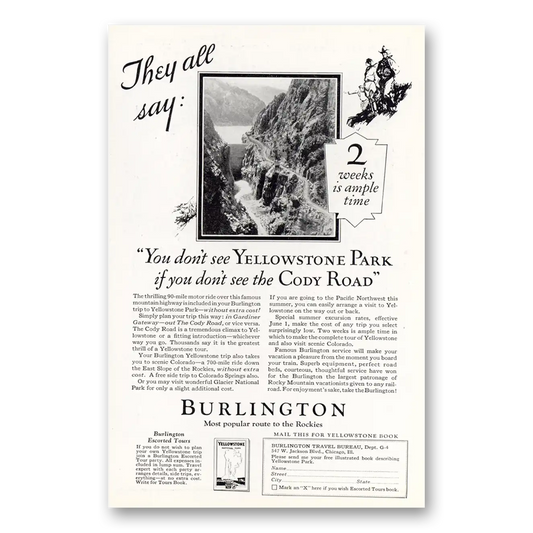 1926 Burlington Route They All Say Yellowstone Vintage Magazine Print Ad