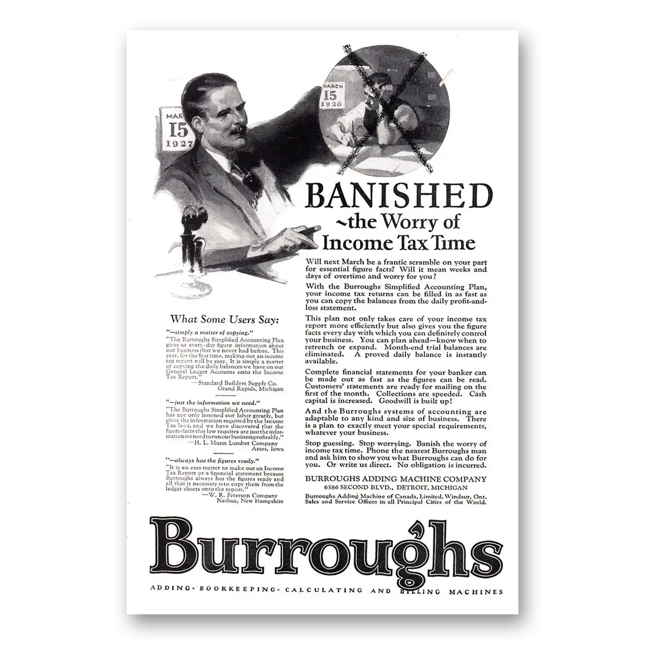 1926 Burroughs Adding Machine Banished the Worry of Income Tax Time Vintage Magazine Print Ad