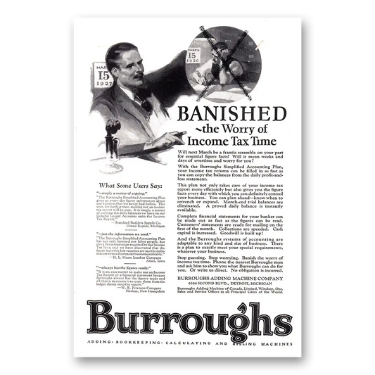 1926 Burroughs Adding Machine Banished the Worry of Income Tax Time Vintage Magazine Print Ad