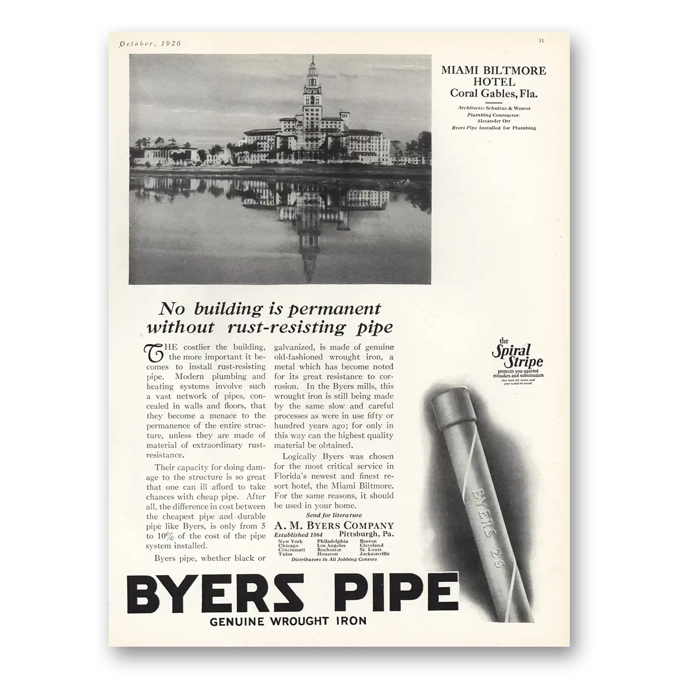 1926 Byers Pipe Miami Biltmore Hotel Coral Gables Vintage Magazine Print Ad