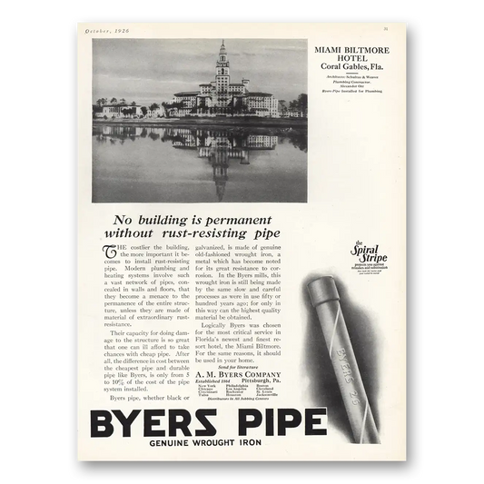 1926 Byers Pipe Miami Biltmore Hotel Coral Gables Vintage Magazine Print Ad