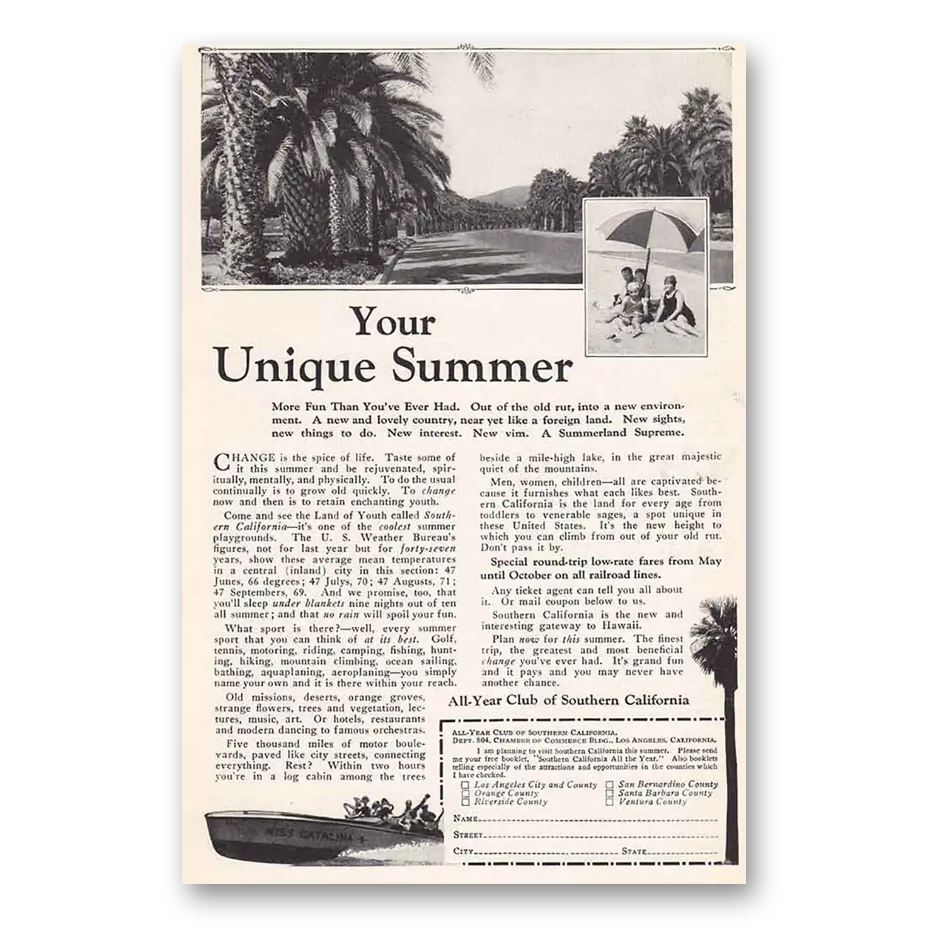 1925 Southern California Unique Summer Vintage Magazine Print Ad