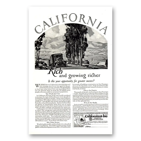 1926 California Rich and Growing Richer Vintage Magazine Print Ad