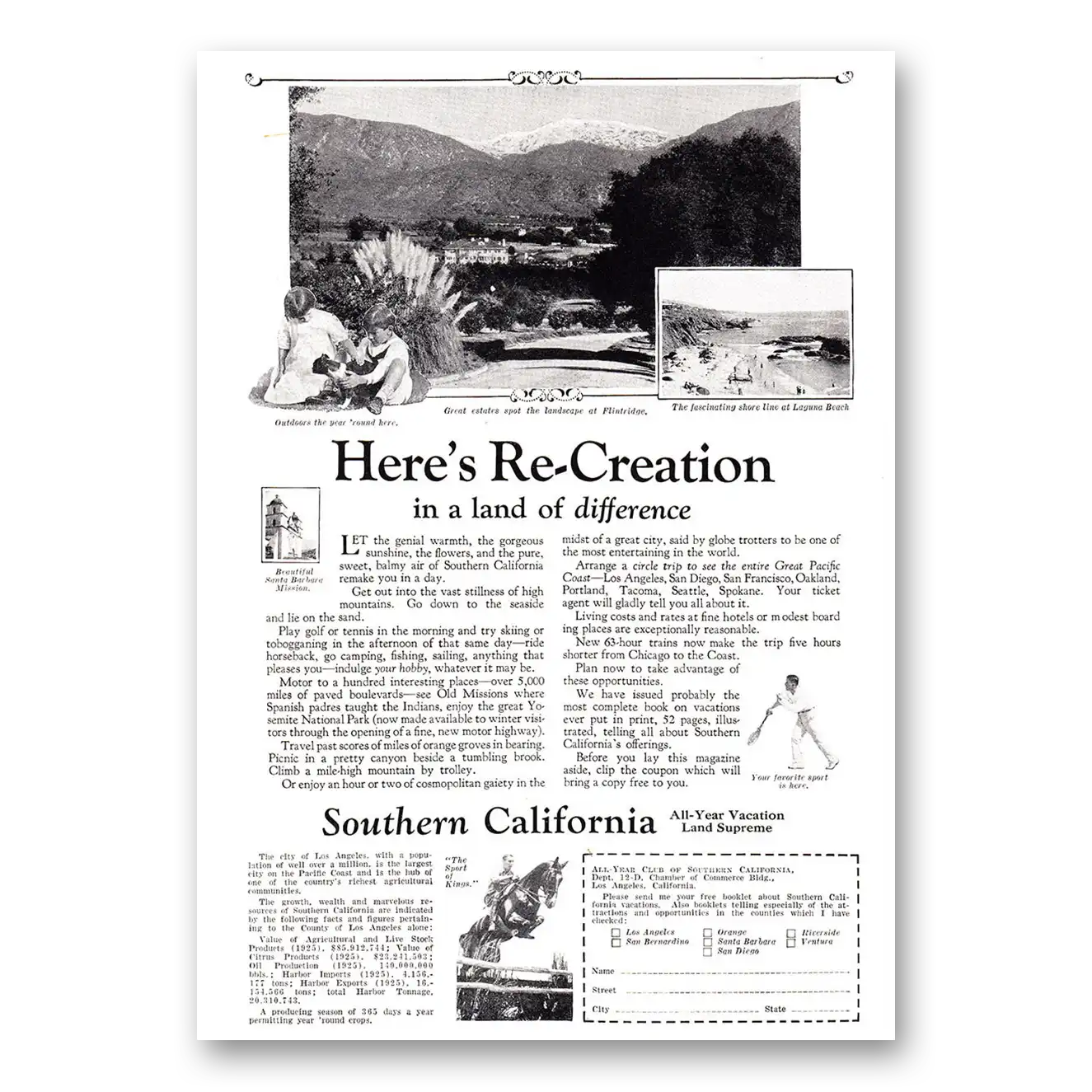 1926 Southern California Re Creation in a Land of Difference Vintage Magazine Print Ad