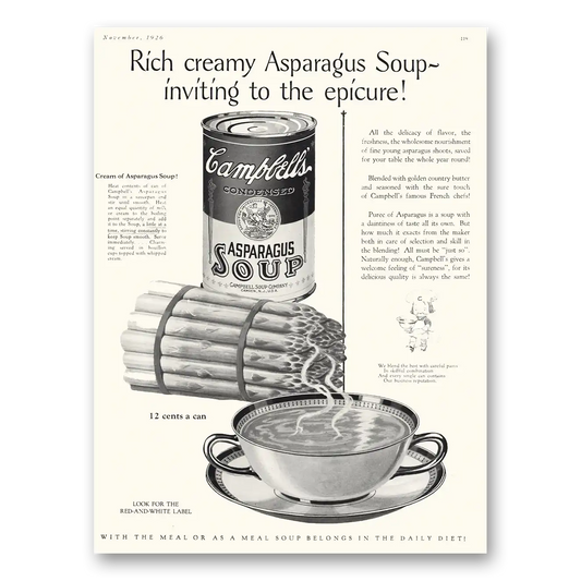 1926 Campbells Asparagus Soup Rich Creamy Asparagus Soup Vintage Magazine Print Ad