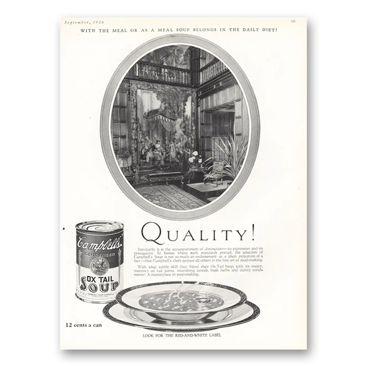 1926 Campbells Ox Tail Soup Accompaniment of Distinction Vintage Magazine Print Ad