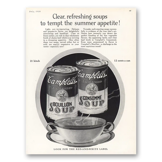 1926 Campbells Soup Clear Refreshing Soups Tempt Summer Vintage Magazine Print Ad