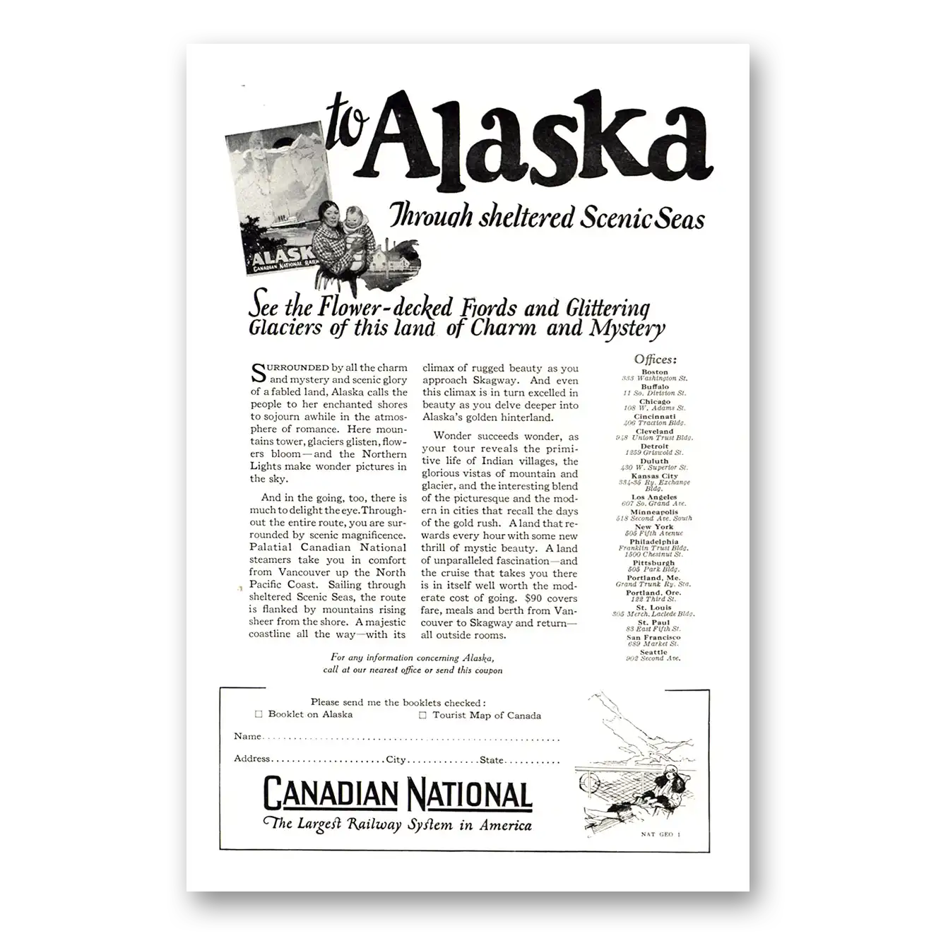 1926 Canadian National Railways Alaska Sheltered Scenic Seas Vintage Magazine Print Ad