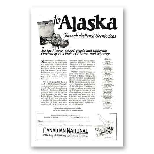 1926 Canadian National Railways Alaska Sheltered Scenic Seas Vintage Magazine Print Ad