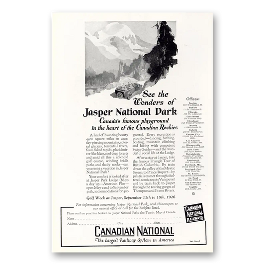 1926 Canadian National Railways Jasper National Park Vintage Magazine Print Ad