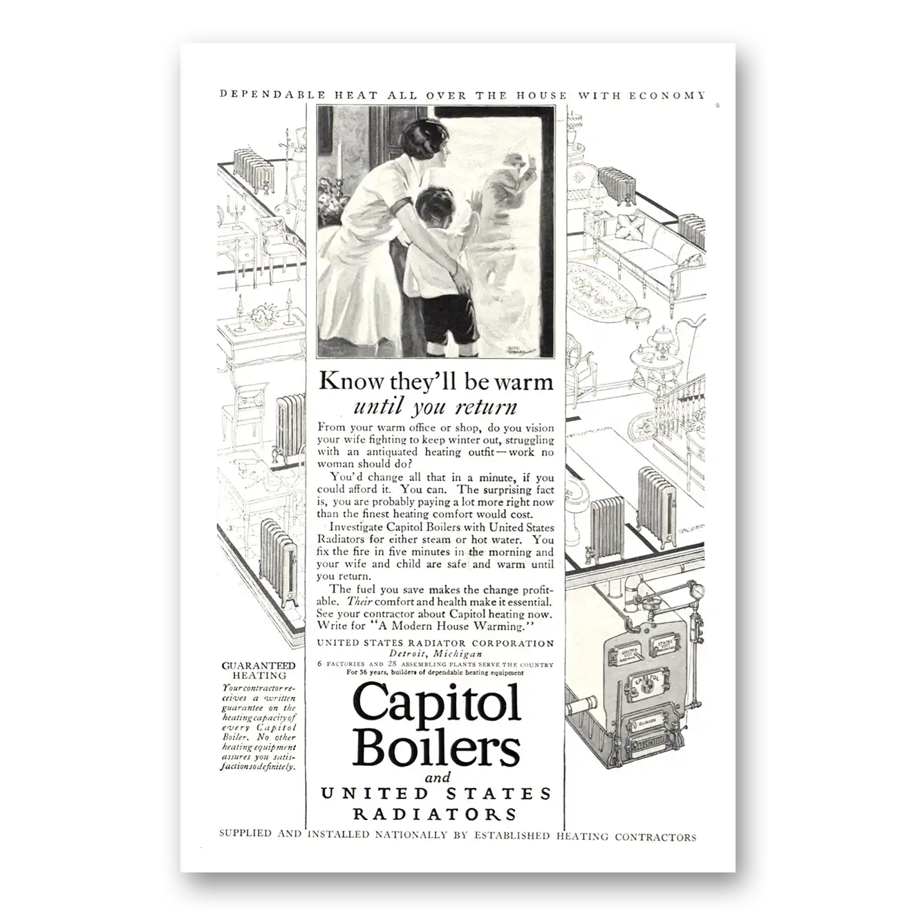 1926 Capitol Boilers Know They'll Be Warm Until You Return Vintage Magazine Print Ad