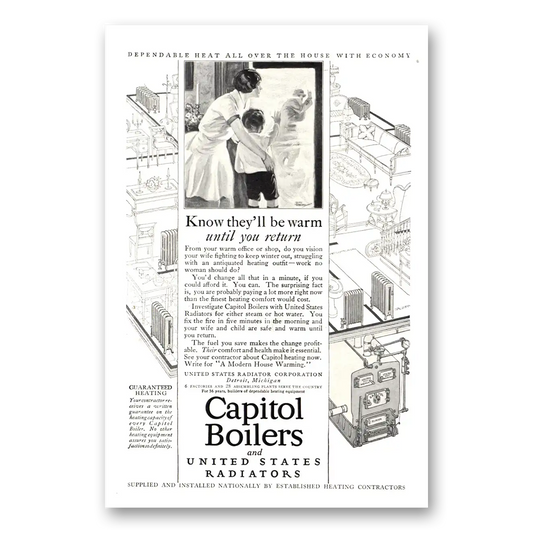 1926 Capitol Boilers Know They'll Be Warm Until You Return Vintage Magazine Print Ad