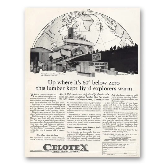 1926 Celotex Insulating Lumber Kept Byrd Explorers Warm Vintage Magazine Print Ad