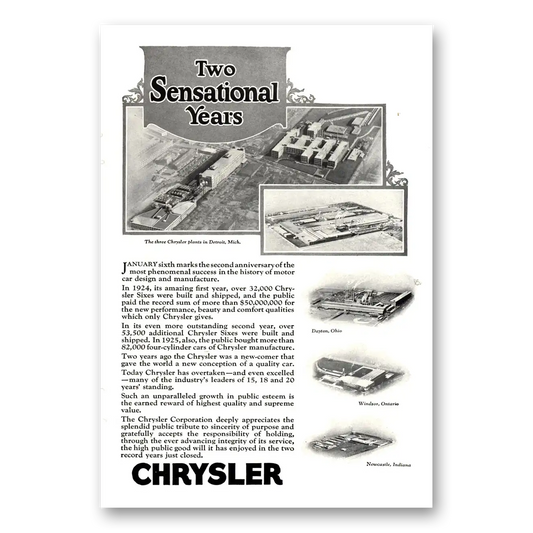 1926 Chrysler Two Sensational Years Detroit Vintage Magazine Print Ad