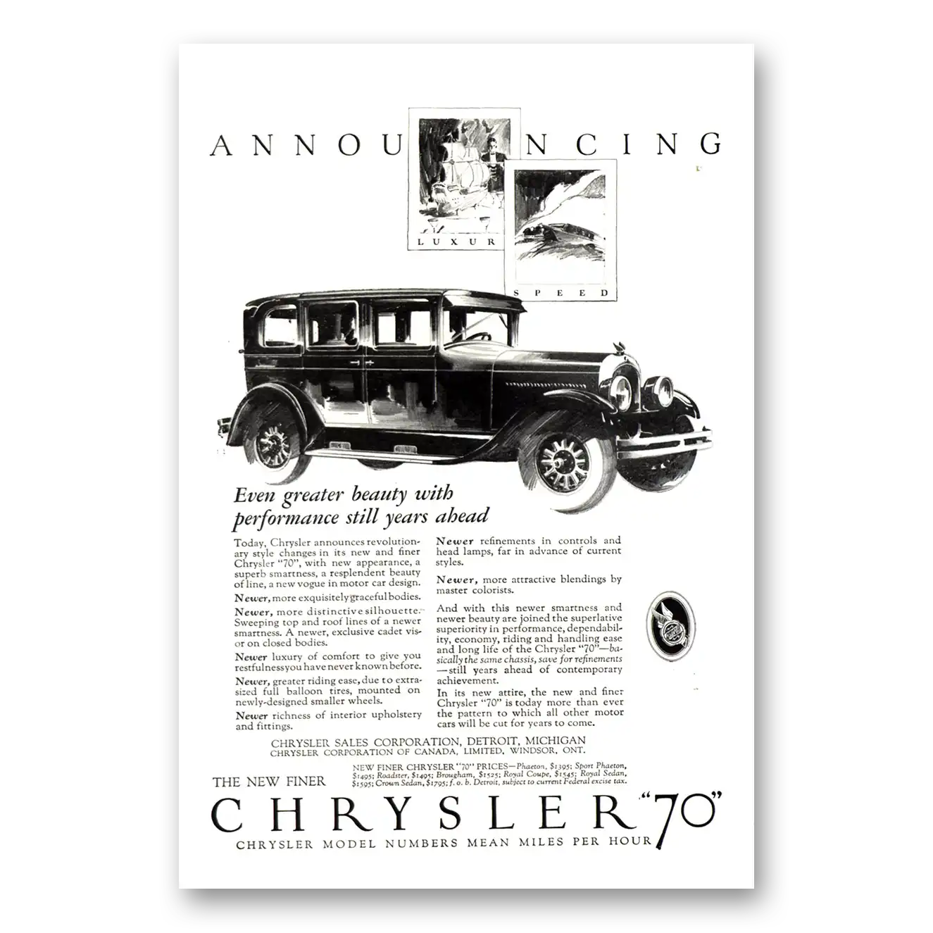 1926 Chrysler 70 Even Greater Beauty With Performance Vintage Magazine Print Ad