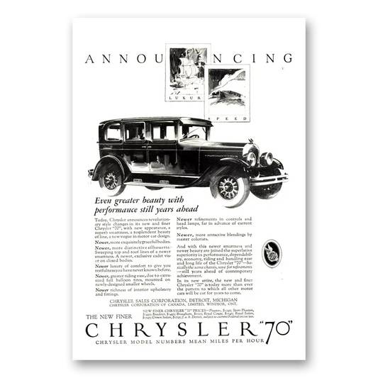 1926 Chrysler 70 Even Greater Beauty With Performance Vintage Magazine Print Ad