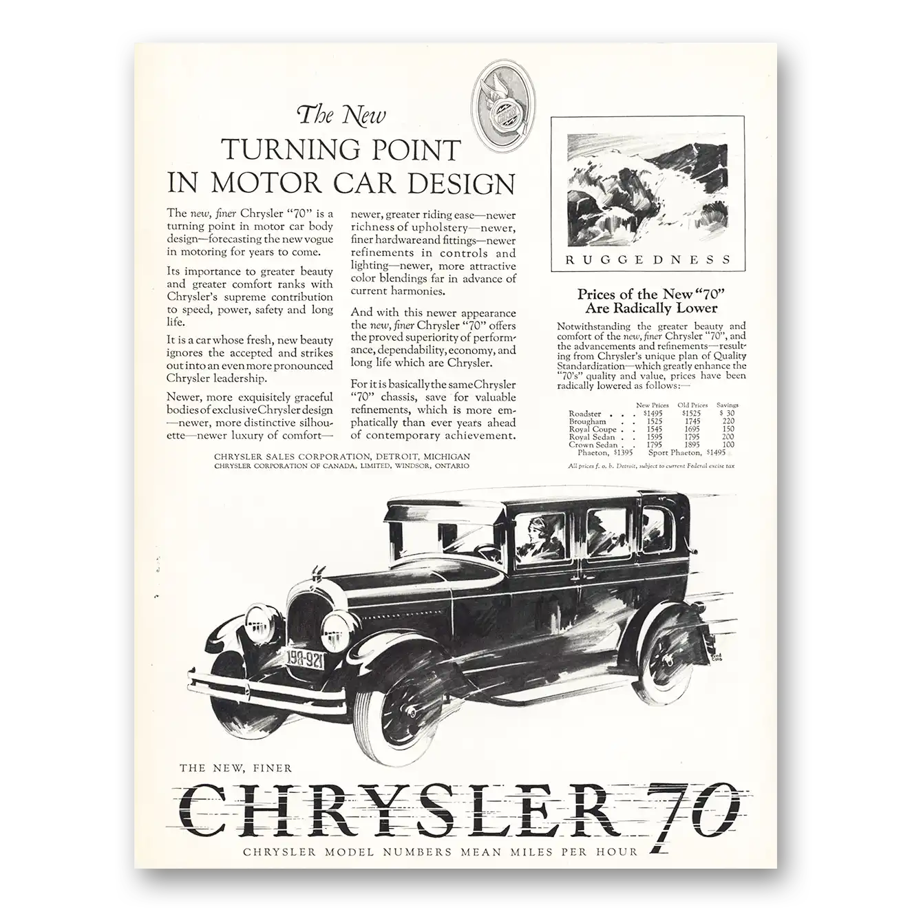 1926 Chrysler 70 Turning Point In Motor Car Design Vintage Magazine Print Ad