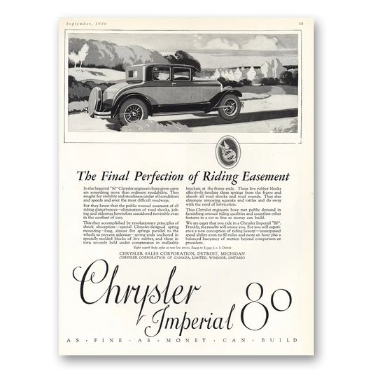 1926 Chrysler Imperial Final Perfection of Riding Easement Vintage Magazine Print Ad