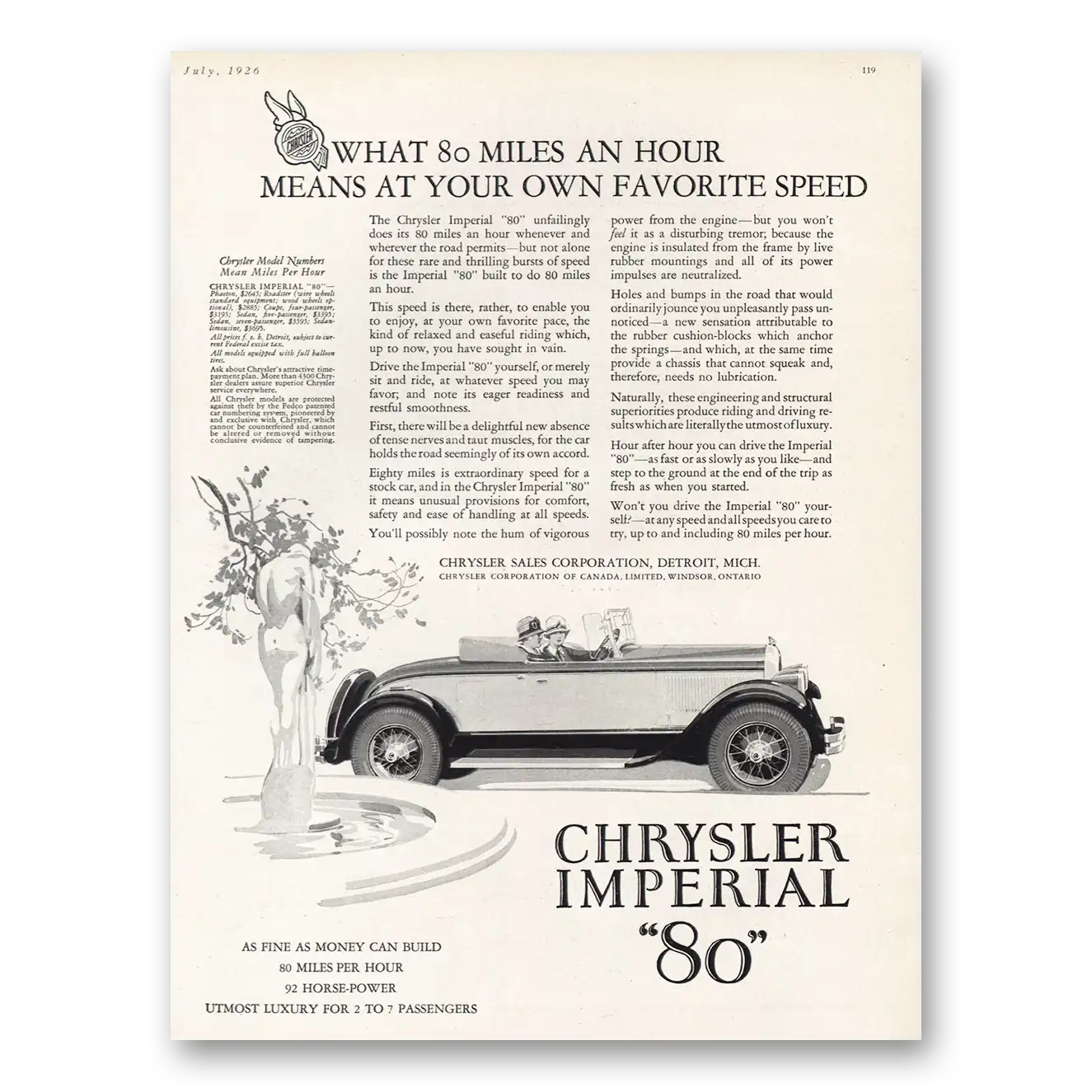 1926 Chrysler Imperial What 80 Miles an Hour Means Vintage Magazine Print Ad