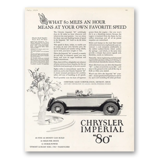 1926 Chrysler Imperial What 80 Miles an Hour Means Vintage Magazine Print Ad