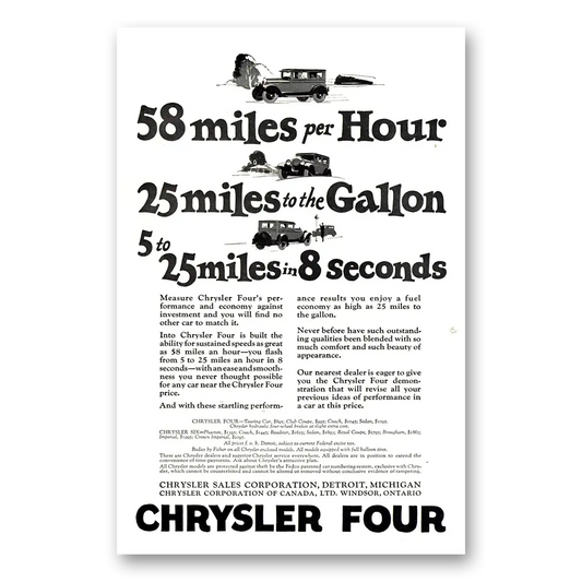 1926 Chrysler Four Four 58 Miles Per Hour 35 Miles to Gallon Vintage Magazine Print Ad