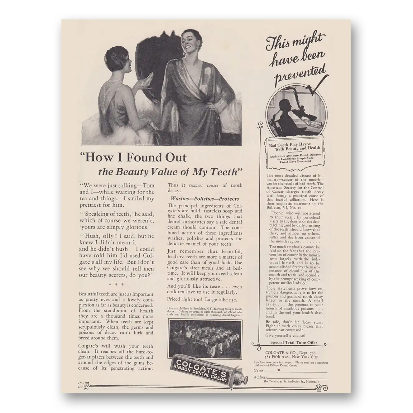 1926 Colgate Dental Cream How I Found Out the Beauty Value of My Teeth Vintage Magazine Print Ad